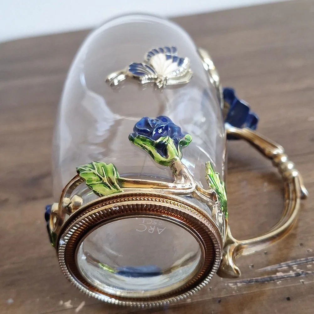 ​Enamel Blue Rose & Butterfly Glass Tea Mug | Vintage Style Floral Coffee Cup